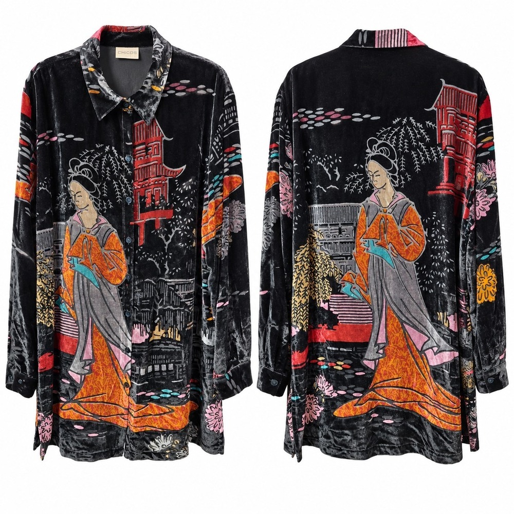CHICO'S Silk Blend Burnout Velvet Button Tunic Top Sz 2 Black Geisha Girl Artsy